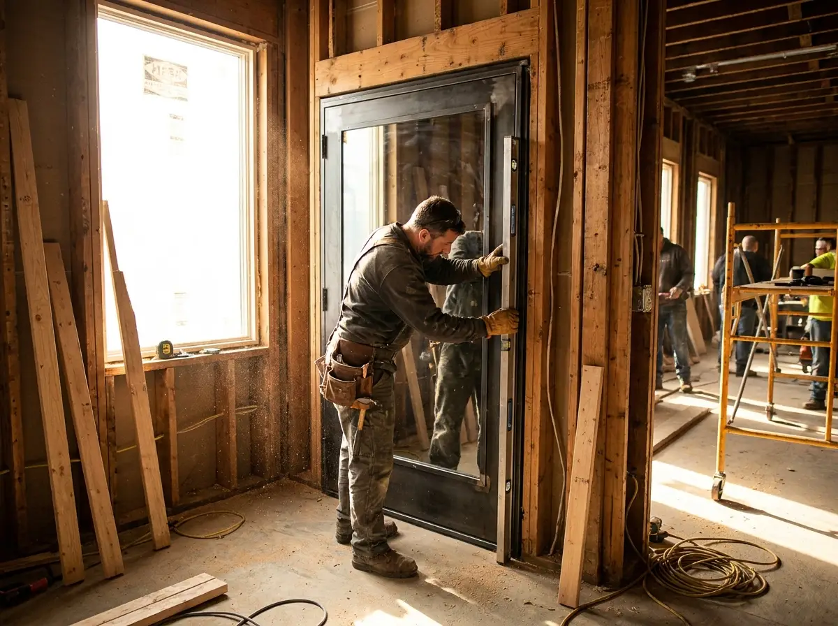 Contractor building the mirror booth into a venue wall