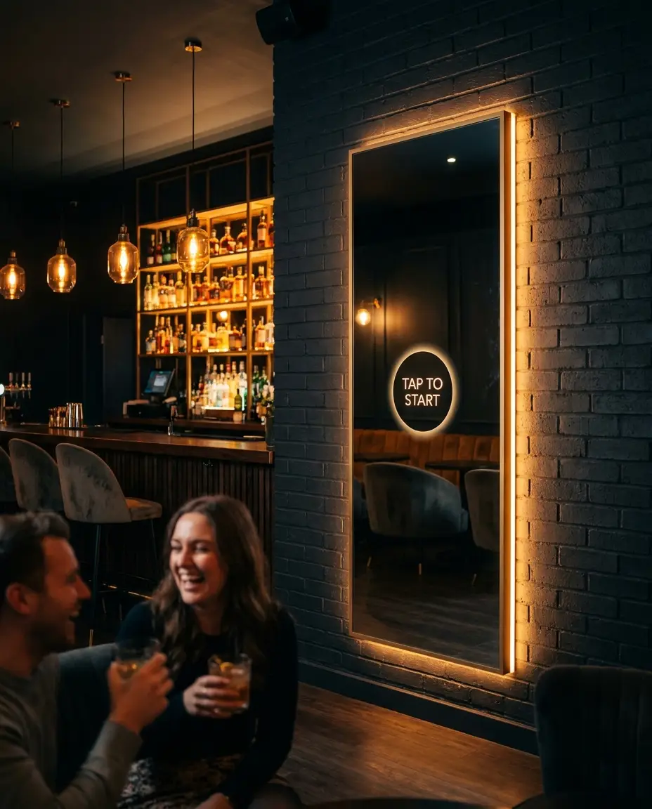Patented mirror photobooth built flush into a bar wall, glowing amber